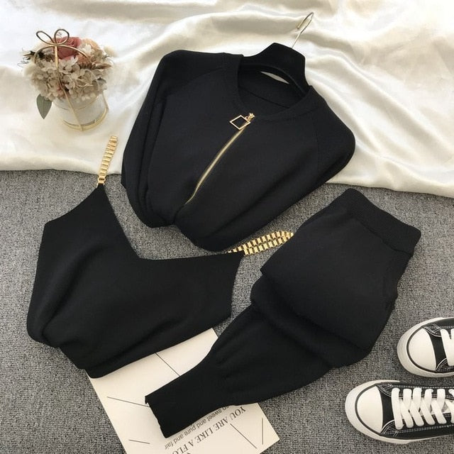 Autumn Knitted Women Sets Solid Sexy Vest Long Sleeve Zipper Cardigans Elastic Waist Pants 3pcs Sets Tracksuits Clothing Women - KMTELL