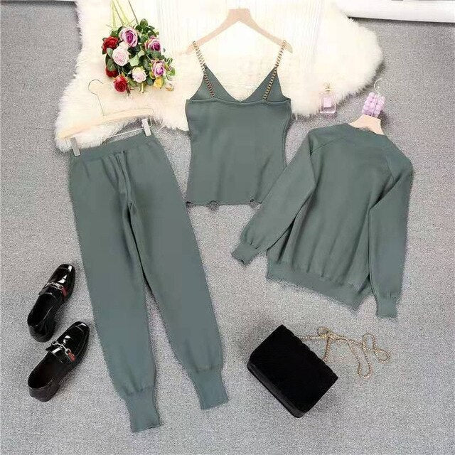 Autumn Knitted Women Sets Solid Sexy Vest Long Sleeve Zipper Cardigans Elastic Waist Pants 3pcs Sets Tracksuits Clothing Women - KMTELL