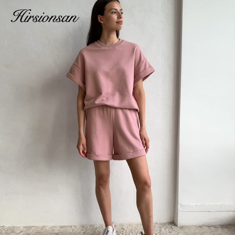 Hirsionsan Summer Cotton Sets Women Casual Two Pieces Short Sleeve T Shirts and High Waist Short Pants Solid Outfits Tracksuit - KMTELL