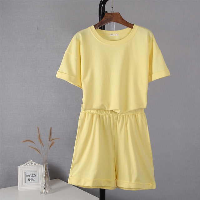 Hirsionsan Summer Cotton Sets Women Casual Two Pieces Short Sleeve T Shirts and High Waist Short Pants Solid Outfits Tracksuit - KMTELL