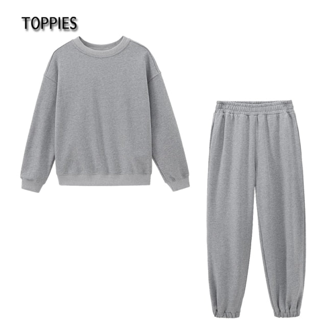Toppies Casual Oversized Two Piece set woman Suit Female Tracksuit Pant O-neck Sweatshirts White Sweatpants - KMTELL