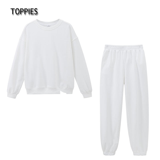 Toppies Casual Oversized Two Piece set woman Suit Female Tracksuit Pant O-neck Sweatshirts White Sweatpants - KMTELL