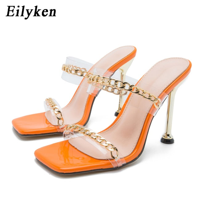 Eilyken Clear PVC Transparent High Heel Slippers Summer Fashion Chain Design Slip On Square Toe Slides Women Mules Pumps - KMTELL