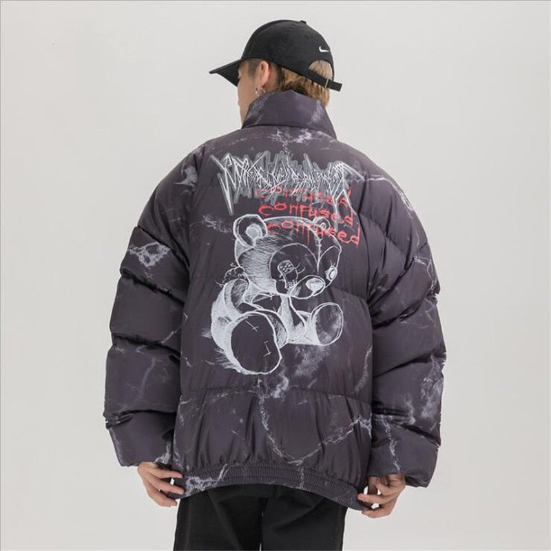 Hip Hop Jacket Parka Hurt Bear Print Men Winter Oversize Windbreaker Streetwear Harajuku Padded Jacket Coat Warm Outwear Hipster - KMTELL