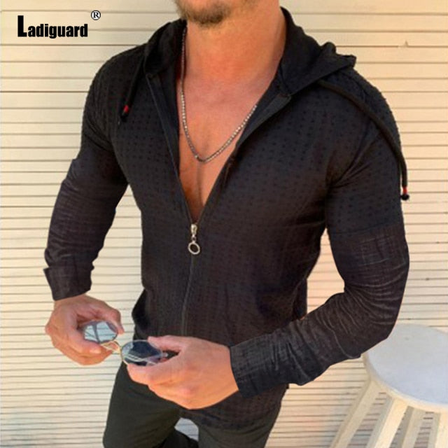 Ladiguard Trend 2020 Hoodie Shirt Patchwork Zipper Men Summer Casual Plaid Top Solid White Blouse Mens Open Stitch Thin Clothes - KMTELL