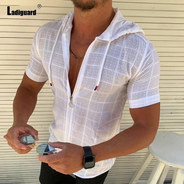 Ladiguard Trend 2020 Hoodie Shirt Patchwork Zipper Men Summer Casual Plaid Top Solid White Blouse Mens Open Stitch Thin Clothes - KMTELL