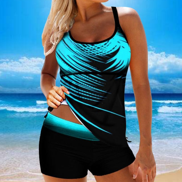 Women Sexy Tankini Beach Blue Print Backless 2 Piece Swimsuit Fashion Spaghetti Strap Female Bathing Suit Swimwear Plus Size 8XL - KMTELL