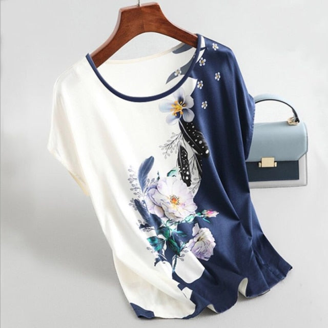 Fashion Floral Print Blouse Pullover Ladies Silk Satin Blouses Plus Size Batwing Sleeve Vintage Print Casual Short Sleeve Tops - KMTELL