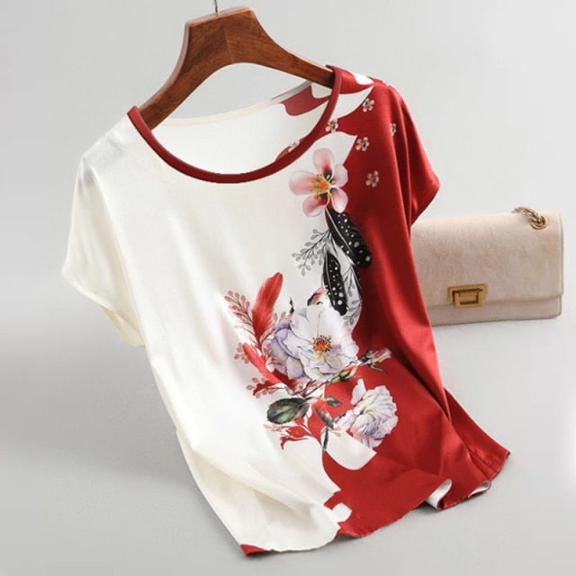 Fashion Floral Print Blouse Pullover Ladies Silk Satin Blouses Plus Size Batwing Sleeve Vintage Print Casual Short Sleeve Tops - KMTELL