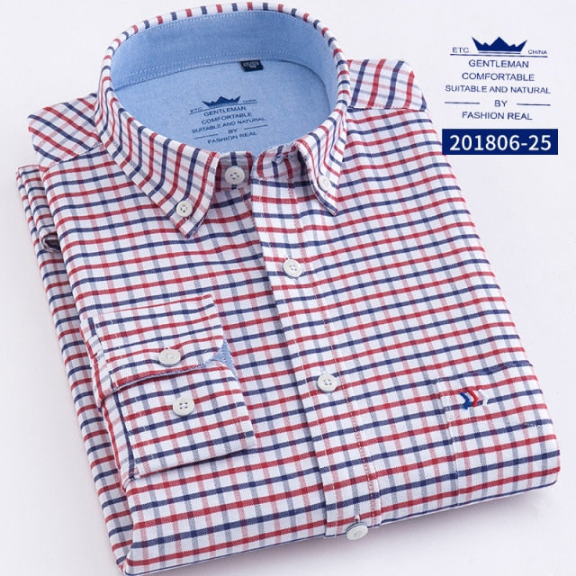 High Quality 100% Cotton Oxford Mens Long Sleeve Shirts Casual Slim-fit Plaid/Striped Male Dress Shirt For Men Business Shirts - KMTELL