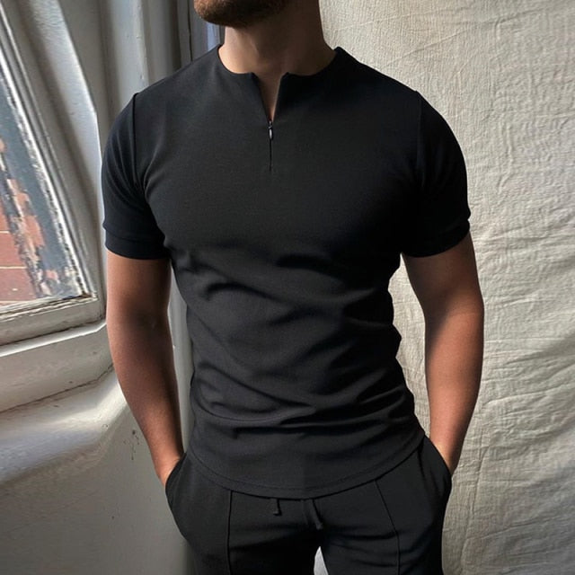 Casual Simple Solid Short Sleeve Tee Shirt Men Vintage Zipper O-Neck Top Pullover 2021 Summer Fashion Loose T-Shirt Mens Clothes - KMTELL