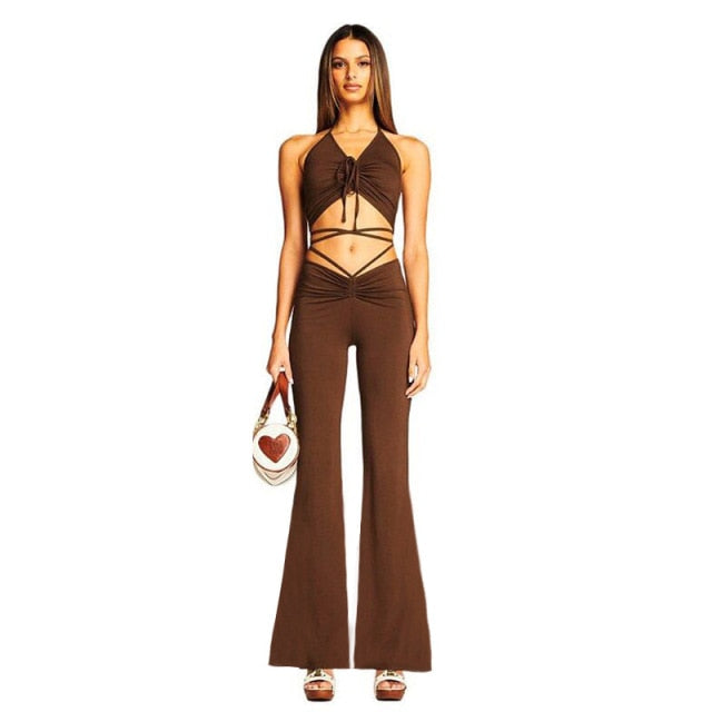 BIIKPIIK Halter Criss-Cross Crop Top And Women's Drawstring Pants Matching Sets Skinny Hollow Out Sexy Two Piece Set For Women - KMTELL