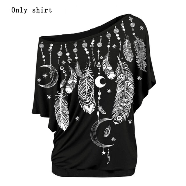 Women Shirts Blouses Summer 2021 Feather Print One Shoulder Top Casual Ladies Sexy Tops Skew Neck Shirts Blouse - KMTELL