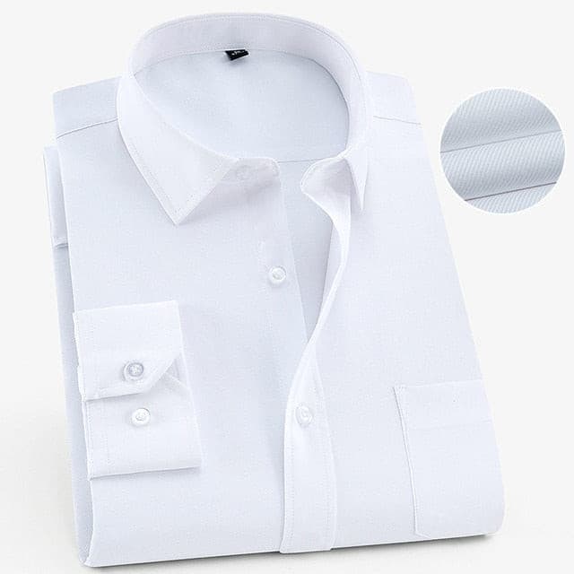Men's Long Sleeve Standard-fit Solid Basic Dress Shirt Single Patch Pocket Formal Business Work Classic Office Striped Shirts - KMTELL