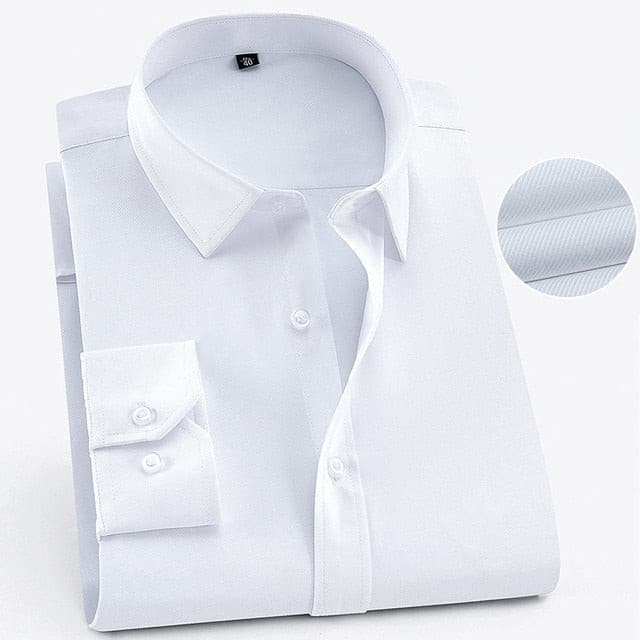 Men's Long Sleeve Standard-fit Solid Basic Dress Shirt Single Patch Pocket Formal Business Work Classic Office Striped Shirts - KMTELL