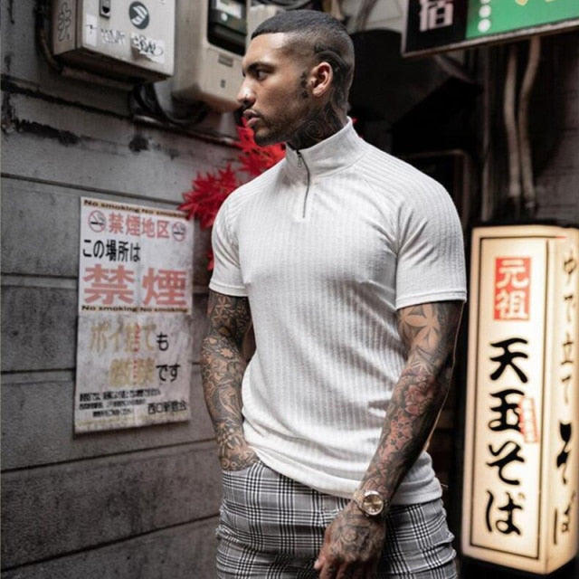 Gym Polo Shirt Men Fashion Turn Neck Short Sleeve Knitted Polos Sports Slim Fit Fitness Bodybuilding Workout Summer Clothing - KMTELL