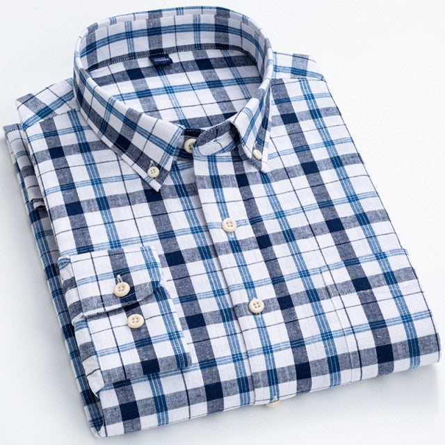 Men's Regular-Fit Shirt Cotton Line Long Sleeve Loose Business Dress Pure Color Button Shirt Men Blue White Tops Camisa Hombre L - KMTELL