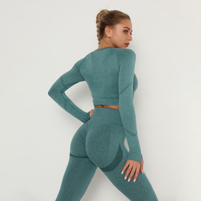 Seamless Women Sport Set For Gym Long Sleeve Top High Waist Belly Control Leggings Clothes Seamless Sport Suit Sexy Booty Girls - KMTELL