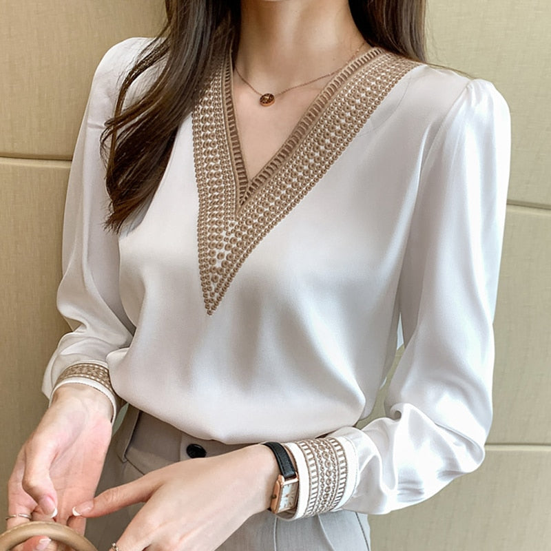 Long Sleeve White Blouse Tops Blouse Women Blusas Mujer De Moda 2021 Embroidery V-Neck Chiffon Blouse Shirt Women Blouses E226 - KMTELL