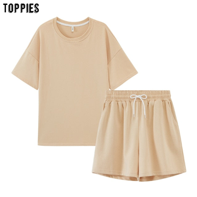 Toppies Summer Tracksuits Womens Two Peices Set Leisure Outfits Cotton Oversized T-shirts High Waist Shorts Candy Color Clothing - KMTELL