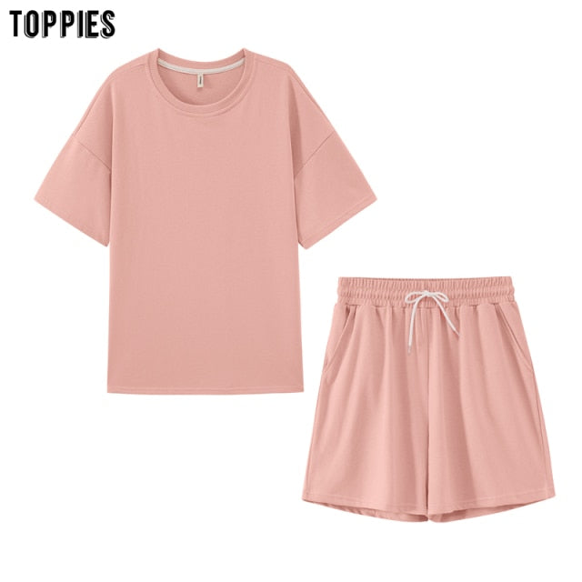 Toppies Summer Tracksuits Womens Two Peices Set Leisure Outfits Cotton Oversized T-shirts High Waist Shorts Candy Color Clothing - KMTELL