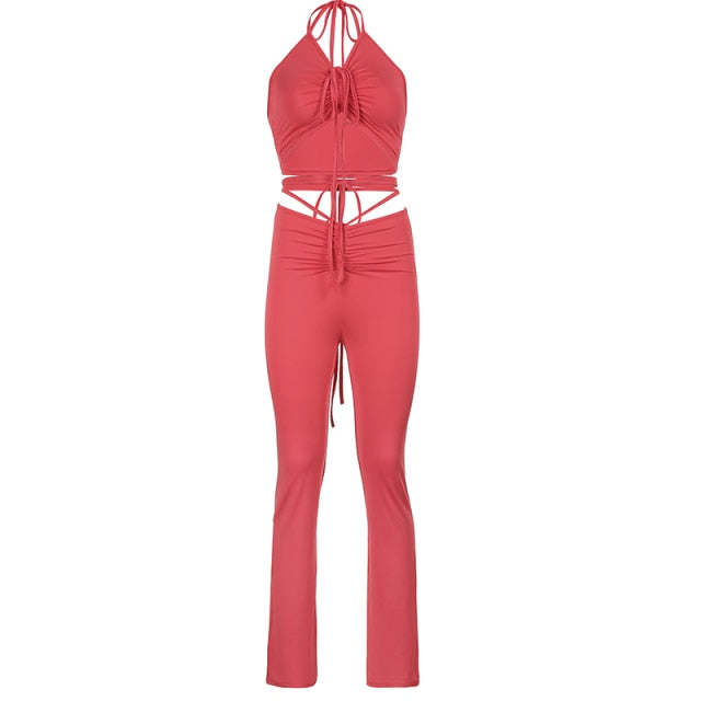 BIIKPIIK Halter Criss-Cross Crop Top And Women's Drawstring Pants Matching Sets Skinny Hollow Out Sexy Two Piece Set For Women - KMTELL