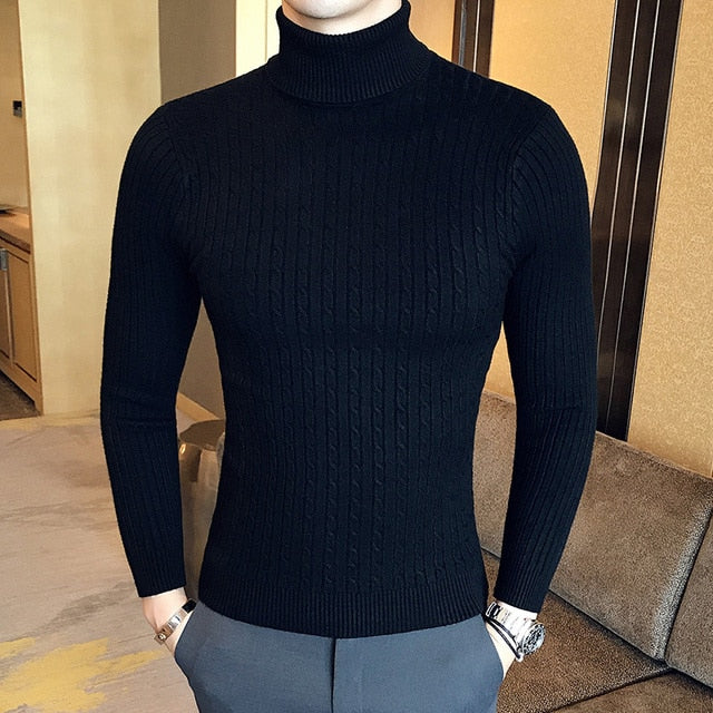 2021 Korean Slim Solid Color Turtleneck Sweater Mens Winter Long Sleeve Warm Knit Sweater Classic Solid Casual Bottoming Shirt - KMTELL