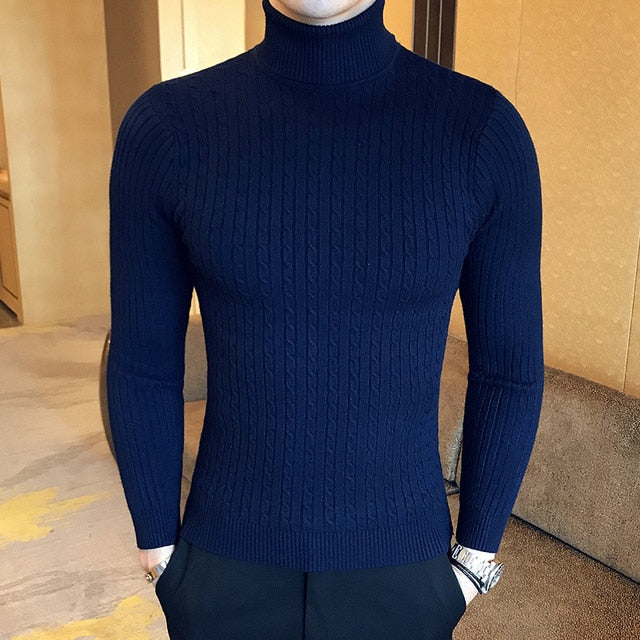 2021 Korean Slim Solid Color Turtleneck Sweater Mens Winter Long Sleeve Warm Knit Sweater Classic Solid Casual Bottoming Shirt - KMTELL
