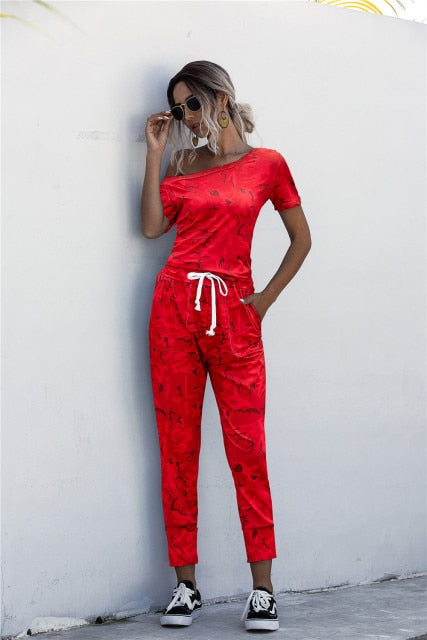 Fashion Women Summer Solid Color Jumpsuits Drawstring Design Pockets Decor Oblique Collar Short Sleeve Mid Waist Slim Jumpsuits - KMTELL