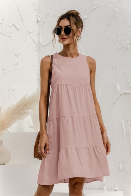 2021 Summer Women Vest Dress Cotton O-Neck Sleeveless Solid Midi Dress Stitching Large Swing Casual Loose Sundress Vestidos - KMTELL