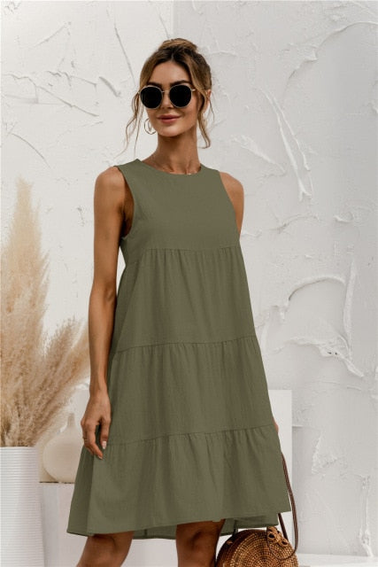 2021 Summer Women Vest Dress Cotton O-Neck Sleeveless Solid Midi Dress Stitching Large Swing Casual Loose Sundress Vestidos - KMTELL