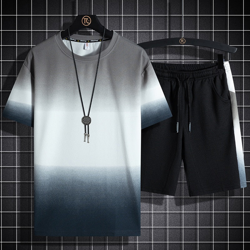 Men Set Fashion 2 PCS Casual Sweat Suit Short Sleeve T-shirt Shorts Sets Male Sportswear Tracksuit 2021 Summer Sportsuit 5XL - KMTELL