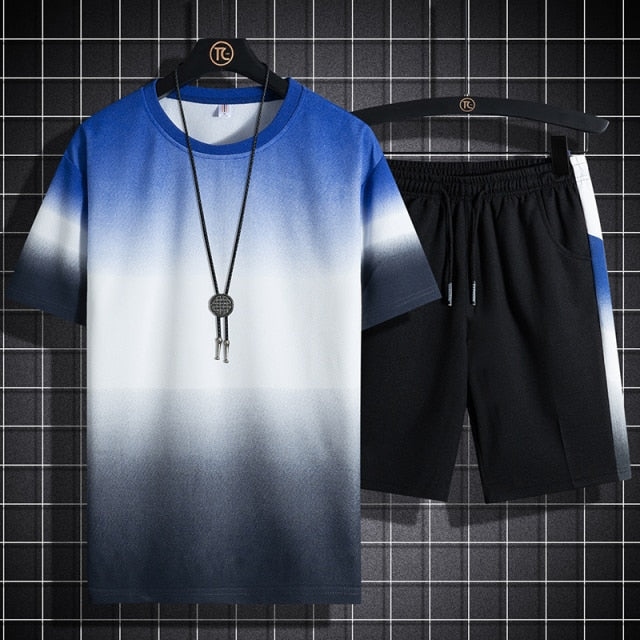Men Set Fashion 2 PCS Casual Sweat Suit Short Sleeve T-shirt Shorts Sets Male Sportswear Tracksuit 2021 Summer Sportsuit 5XL - KMTELL