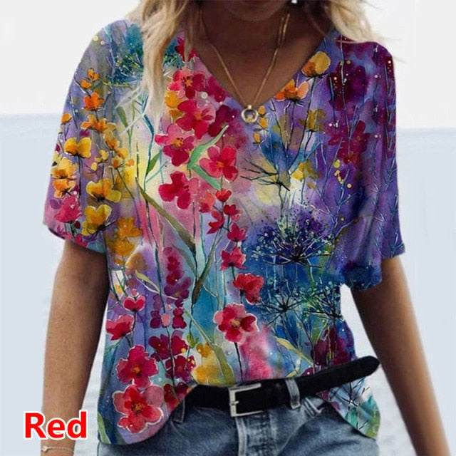 Graphic T-Shirts Women Summer 3D Flower Print V-Neck Short Sleeve Tee Shirts Casual Loose Oversized T-Shirt Y2K Top Plus Size - KMTELL