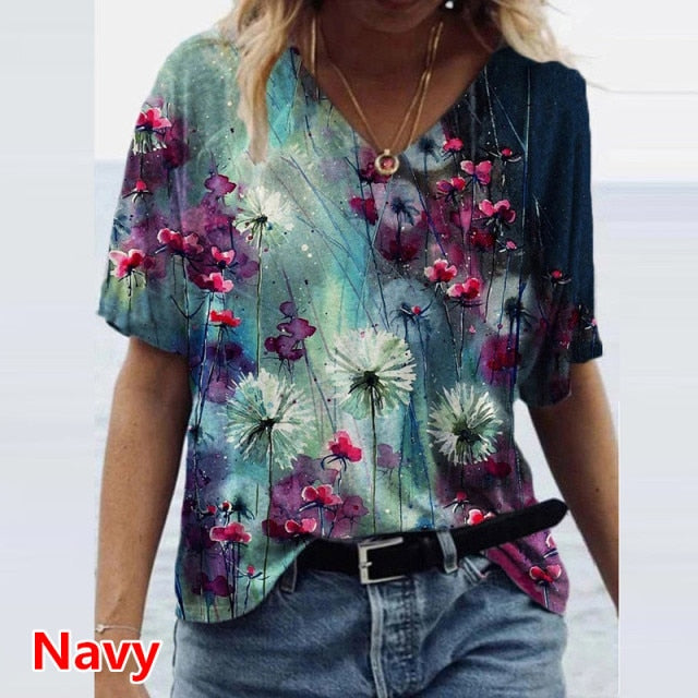 Graphic T-Shirts Women Summer 3D Flower Print V-Neck Short Sleeve Tee Shirts Casual Loose Oversized T-Shirt Y2K Top Plus Size - KMTELL