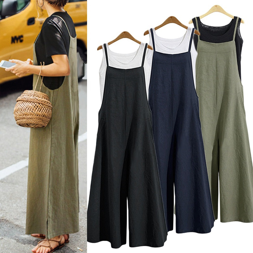 Women Strap Loose Jumpsuit Summer Casual Wide Leg Pants Solid Dungaree Bib Overalls Sleeveless Oversized Cotton Linen Jumpsuits - KMTELL