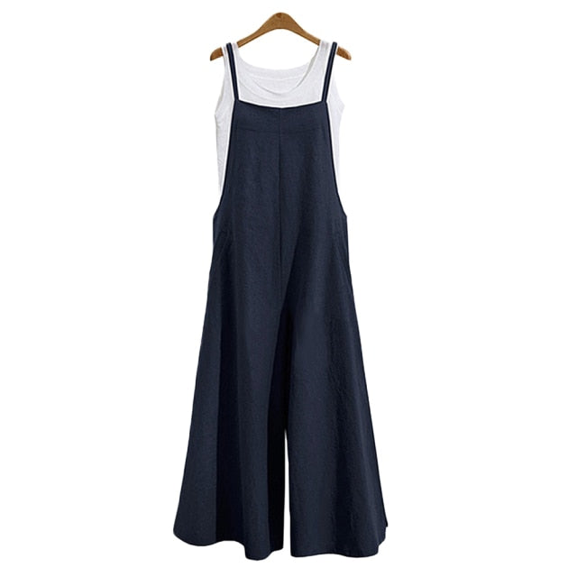 Women Strap Loose Jumpsuit Summer Casual Wide Leg Pants Solid Dungaree Bib Overalls Sleeveless Oversized Cotton Linen Jumpsuits - KMTELL