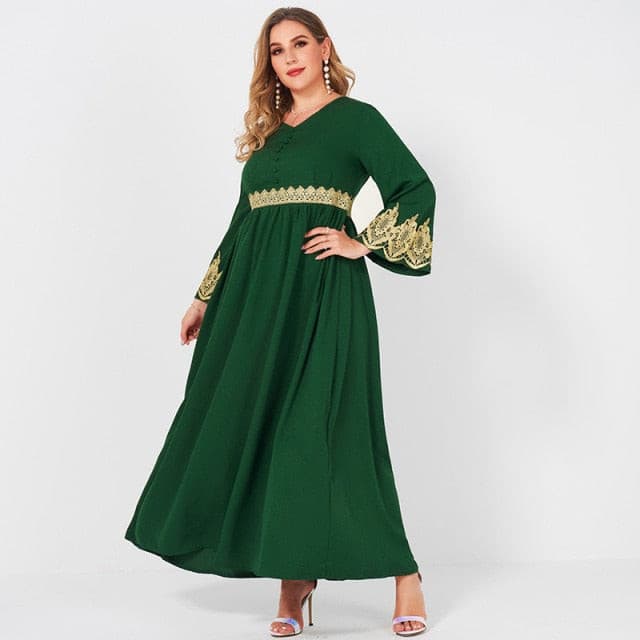 Spring Autumn New Women's Fashion Green V-neck Lace Stitching Long Banquet Elegant Slim Flared Long sleeve Party Maxi Robes 4XL - KMTELL