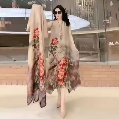 Silk Dress Two-Piece Women's Elegant Floral Plus Size Dress Casual Beach Vintage Long Dress mother dress 2021 Summer New Fashion - KMTELL