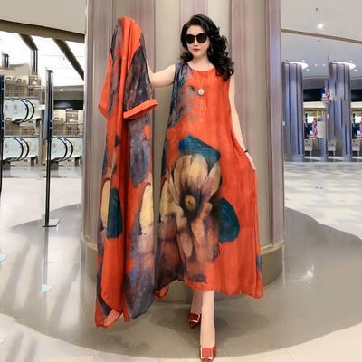 Silk Dress Two-Piece Women's Elegant Floral Plus Size Dress Casual Beach Vintage Long Dress mother dress 2021 Summer New Fashion - KMTELL