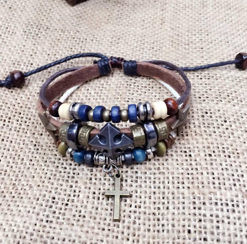 Best-selling product Bracelet beads leather cross five star wood beads real cowhide jewelry boy jewelry ethnic style - KMTELL