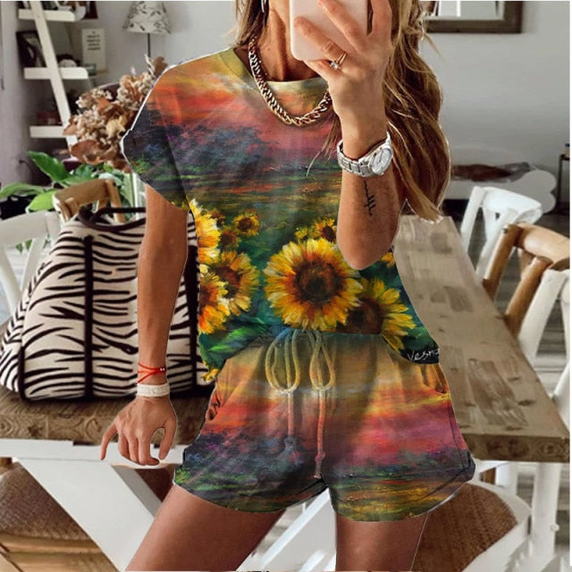 Women Set Summer Tie Dye Short Sleeve Top Shirt Loose And Biker Shorts Casual Two Piece Set Streetwear Outfits Tracksuits - KMTELL
