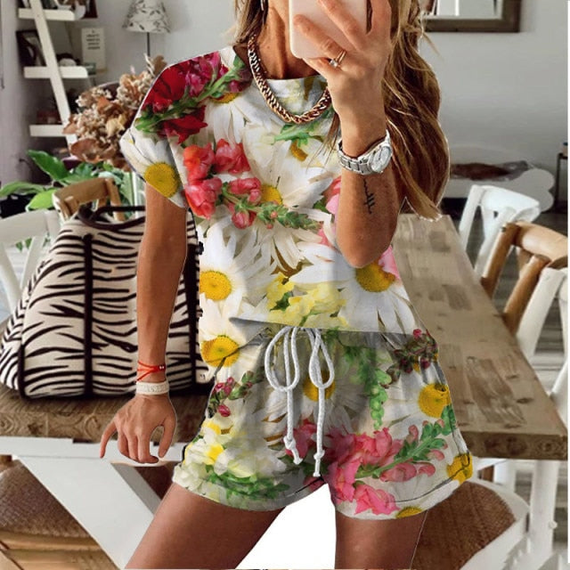 Women Set Summer Tie Dye Short Sleeve Top Shirt Loose And Biker Shorts Casual Two Piece Set Streetwear Outfits Tracksuits - KMTELL