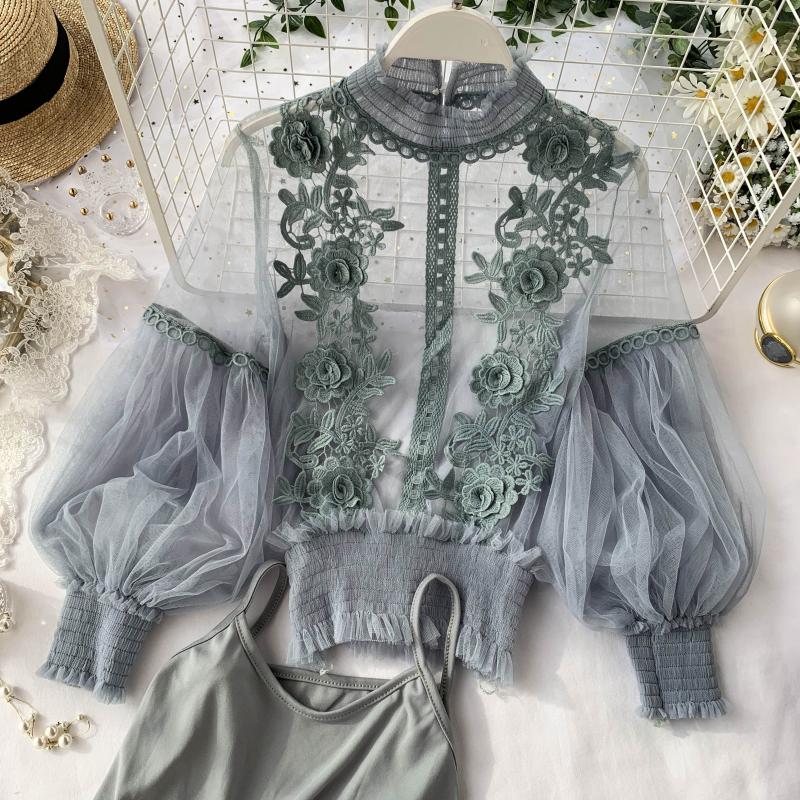 Autumn Women Mesh Tops Fashion Sexy Sheer Lace Blouse Lantern Sleeve 3D Floral Blouses Shirts Elegant Top Blusas Femininas 2021 - KMTELL