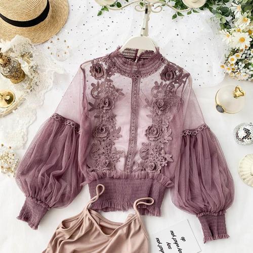 Autumn Women Mesh Tops Fashion Sexy Sheer Lace Blouse Lantern Sleeve 3D Floral Blouses Shirts Elegant Top Blusas Femininas 2021 - KMTELL