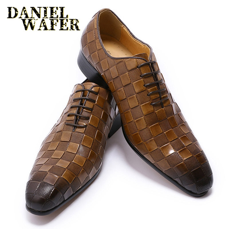 Luxury Italian Leather Dress Shoes Men Fashion Plaid Print Lace Up Black Brown Wedding Office Shoes Formal Oxford Shoes for Men - KMTELL