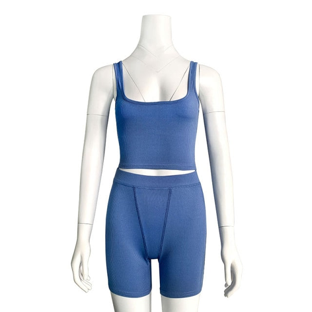 2021 High Stretch Solid Color Yoga Set Sleeveless Crop Top +Short Gym Leggings Women Tracksuit Running Sportwear 2 Piece Set - KMTELL
