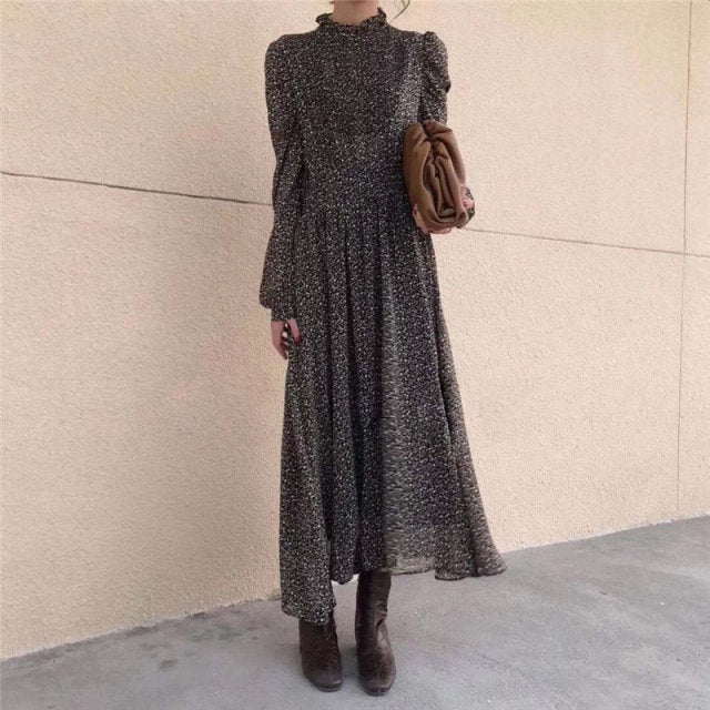 HziriP Palace Style Retro Chic 2021 Office Lady Elegant Print A-Line Floral Gentle Full-Sleeved Waist-Controlled Long Dresses - KMTELL