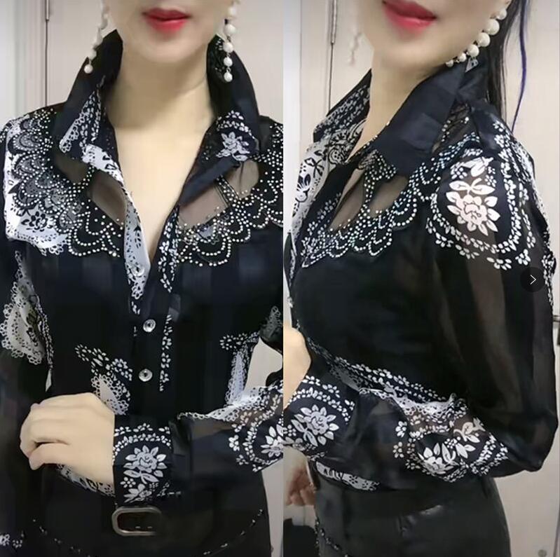 Long-sleeved Female Bottoming Shirts Women's Spring Autumn Foreign style Lace Stitching Ladies chiffon Shirt ins floral Top Coat - KMTELL