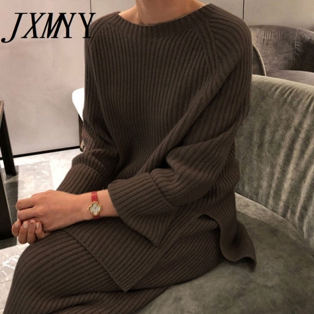JXMYY 2021 New Fashion Winter Women's Thicken Warm Knitted Pullover Sweater Two-Piece Suits +High Waist Loose Wide Leg Pants Set - KMTELL